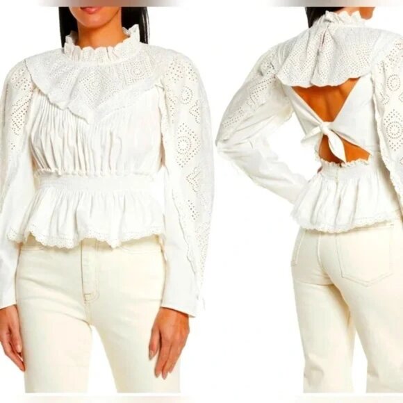 Sea New York Vienne Eyelet Embroidered Blouse Top Open Back Boho Ruffle - Picture 1 of 9